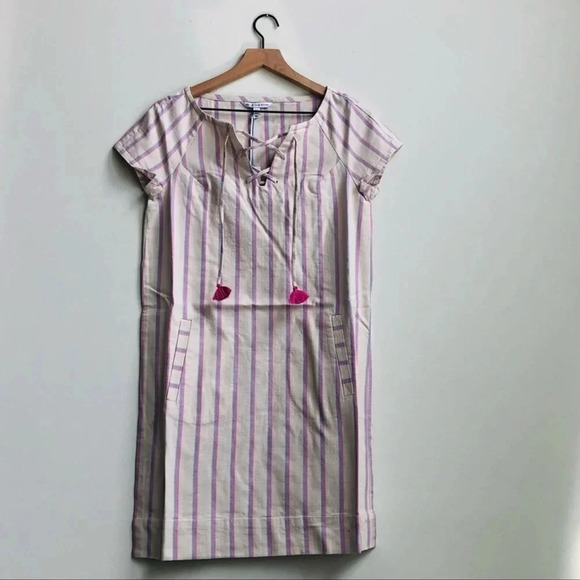 New SOUTHERN TIDE MCKENNA Striped shift Dress natural tassel lace up pockets - Picture 3 of 14